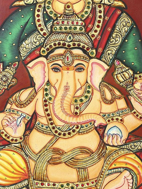 Exotic India Lord Ganesha With Devi Lakshmi | 24 Karat Gold Work | Framed Tanjore Painting 