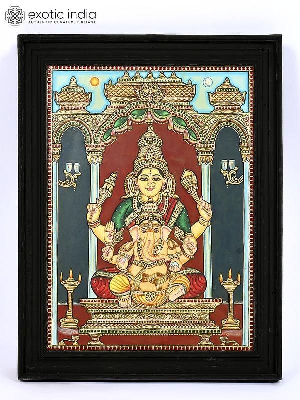 exotic india Lord Ganesha with Devi Lakshmi | 24 Karat Gold Work | Framed Tanjore Painting 