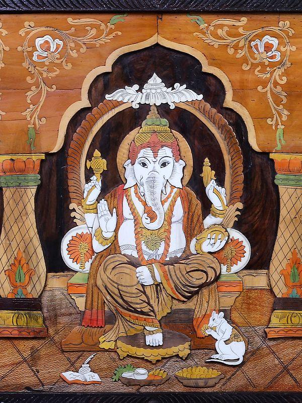 Exotic India Lord Ganesha With Goddess Lakshmi And Saraswati | Mysore Painting 