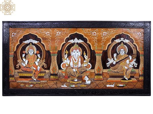 exotic india Lord Ganesha with Goddess Lakshmi and Saraswati | Mysore Painting 