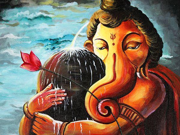 Exotic India Lord Ganesha With Shivalinga | Oil Painting On Canvas Cloth 