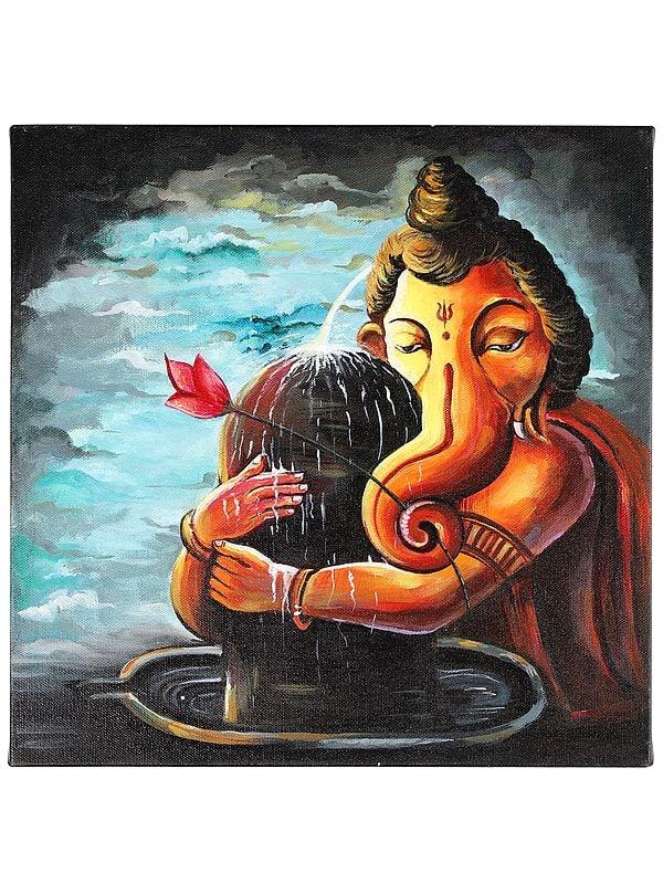 exotic india Lord Ganesha with Shivalinga | Oil Painting on Canvas Cloth 