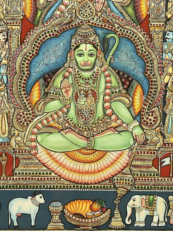 Exotic India Lord Hanuman - An Avatara Of Lord Shiva | 24 Karat Gold Work | Framed Tanjore Painting 