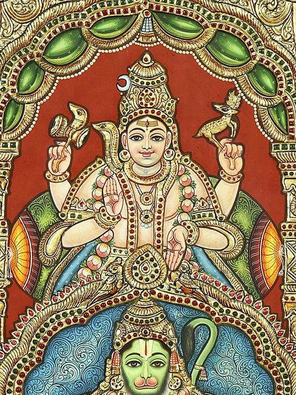 Exotic India Lord Hanuman - An Avatara Of Lord Shiva | 24 Karat Gold Work | Framed Tanjore Painting 