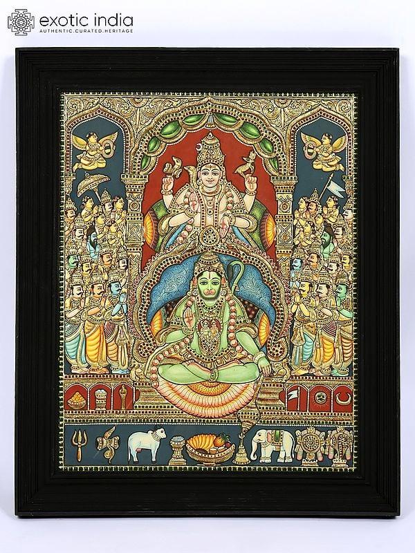 exotic india Lord Hanuman - An Avatara of Lord Shiva | 24 Karat Gold Work | Framed Tanjore Painting 