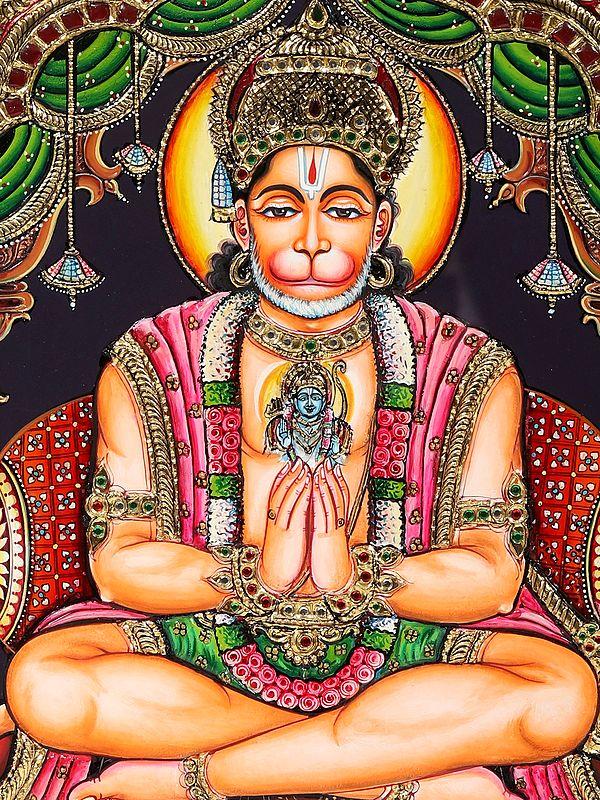 Exotic India Lord Hanuman In Namaste Mudra | Tanjore Painting With Wood Frame