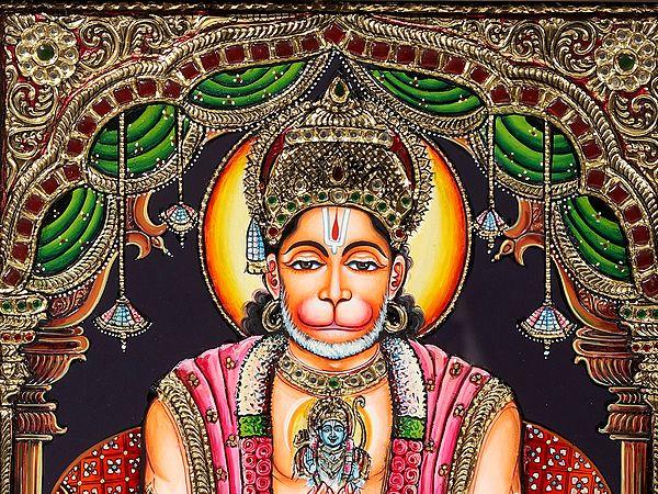Exotic India Lord Hanuman In Namaste Mudra | Tanjore Painting With Wood Frame