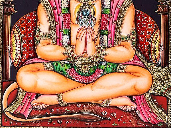 Exotic India Lord Hanuman In Namaste Mudra | Tanjore Painting With Wood Frame