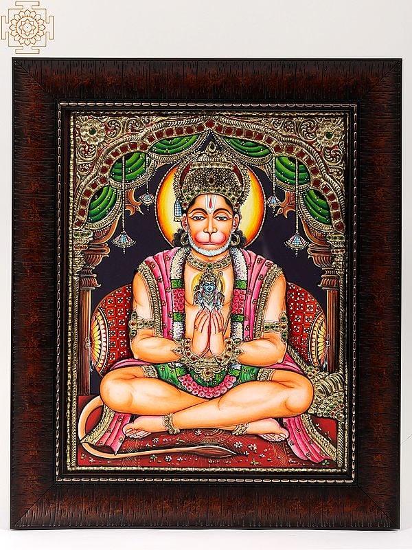 exotic india Lord Hanuman in Namaste Mudra | Tanjore Painting with Wood Frame 