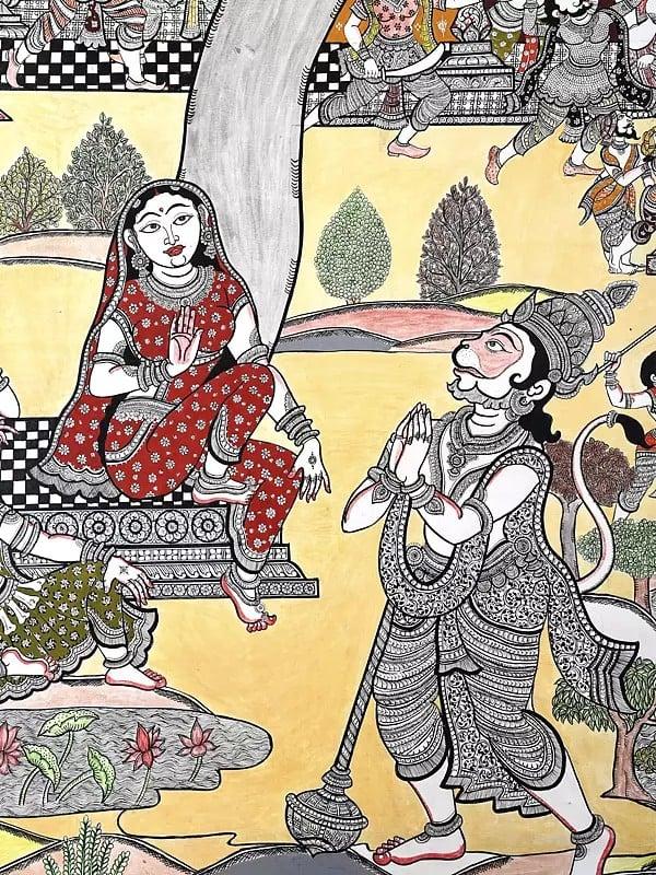 Exotic India Lord Hanuman Meets Devi Maa Sita In Ashok Vatika | Superfine Pattachitra Painting From Odisha 