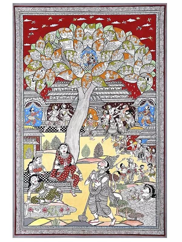 exotic india Lord Hanuman Meets Devi Maa Sita in Ashok Vatika | Superfine Pattachitra Painting from Odisha 