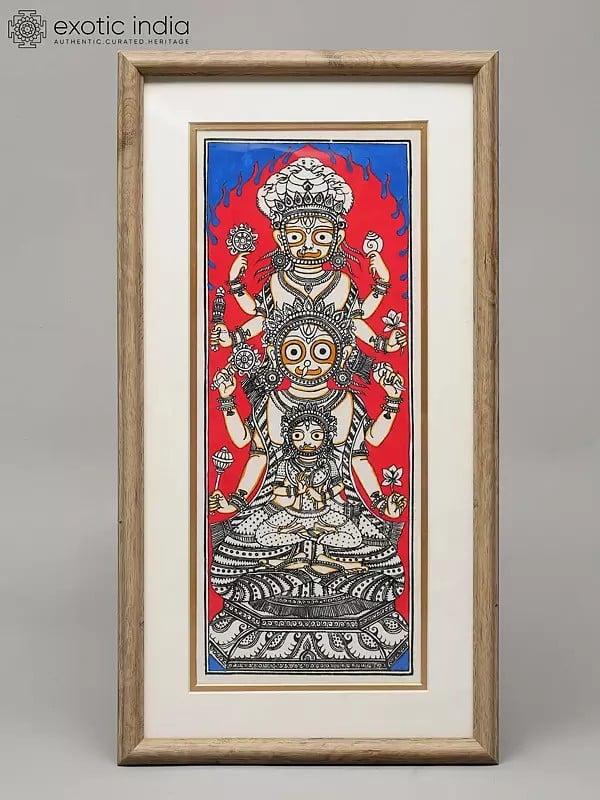 exotic india Lord Jagannath Subhadra and Balabhadra | Framed Pattachitra Painting | Watercolor on Silk 