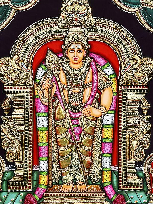 Exotic India Lord Karttikeya Standing On Kirtimukha Throne | 24 Karat Gold Work | Framed Tanjore Painting 