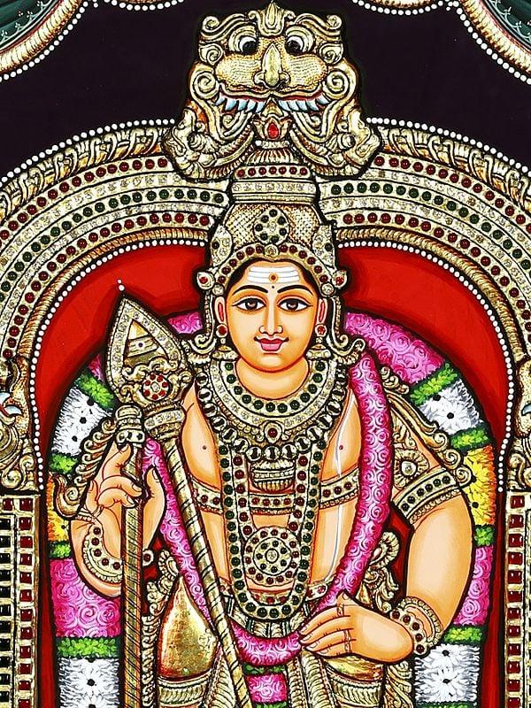 Exotic India Lord Karttikeya Standing On Kirtimukha Throne | 24 Karat Gold Work | Framed Tanjore Painting 