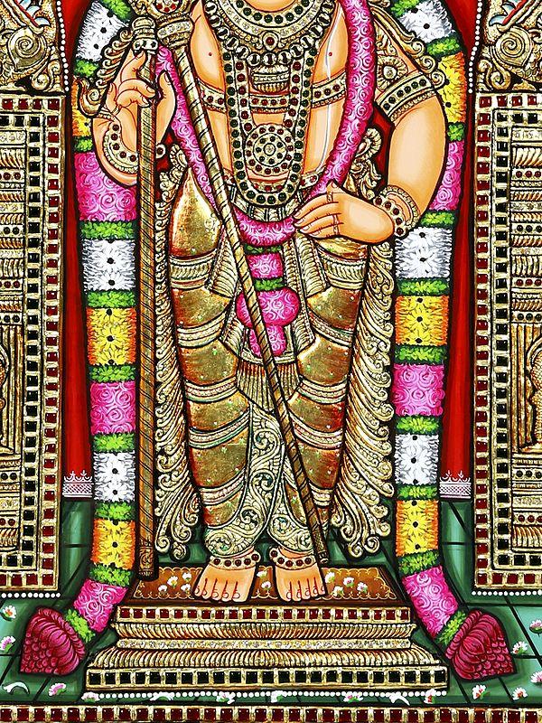 Exotic India Lord Karttikeya Standing On Kirtimukha Throne | 24 Karat Gold Work | Framed Tanjore Painting 