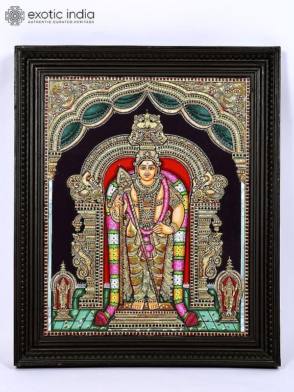 exotic india Lord Karttikeya Standing on Kirtimukha Throne | 24 Karat Gold Work | Framed Tanjore Painting 