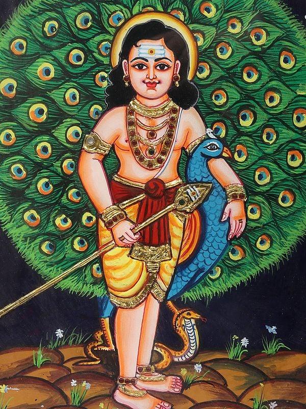 Exotic India Lord Karttikeya Tanjore Painting | Traditional Colors With Gold | Teakwood Frame | Handmade 