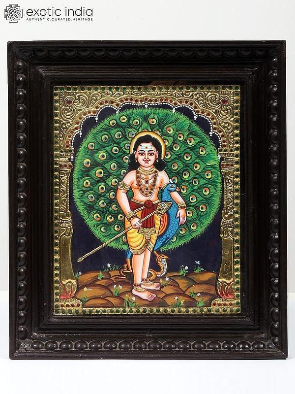 exotic india Lord Karttikeya Tanjore Painting | Traditional Colors with Gold | Teakwood Frame | Handmade
