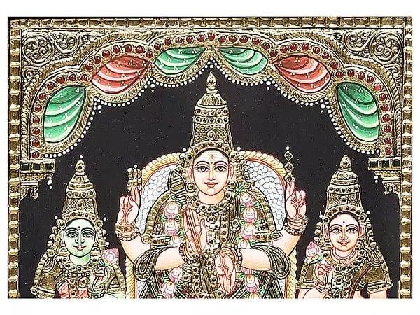 Exotic India Lord Karttikeya With Devasena And Valli Tanjore Painting | Traditional Colors With 24K Gold | Teakwood Frame | Gold & Wood | Handmade