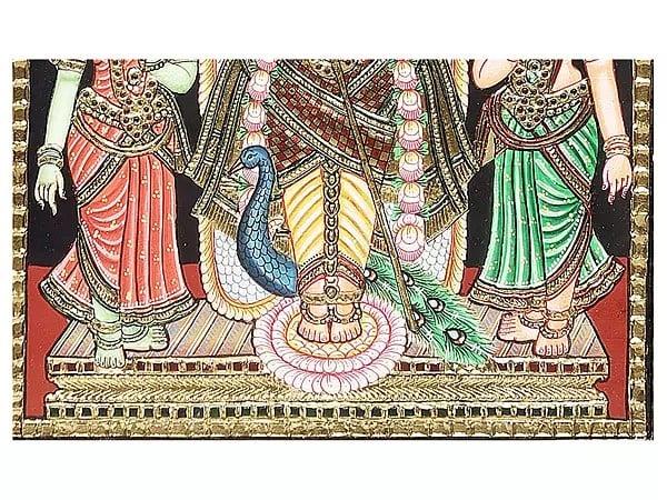 Exotic India Lord Karttikeya With Devasena And Valli Tanjore Painting | Traditional Colors With 24K Gold | Teakwood Frame | Gold & Wood | Handmade