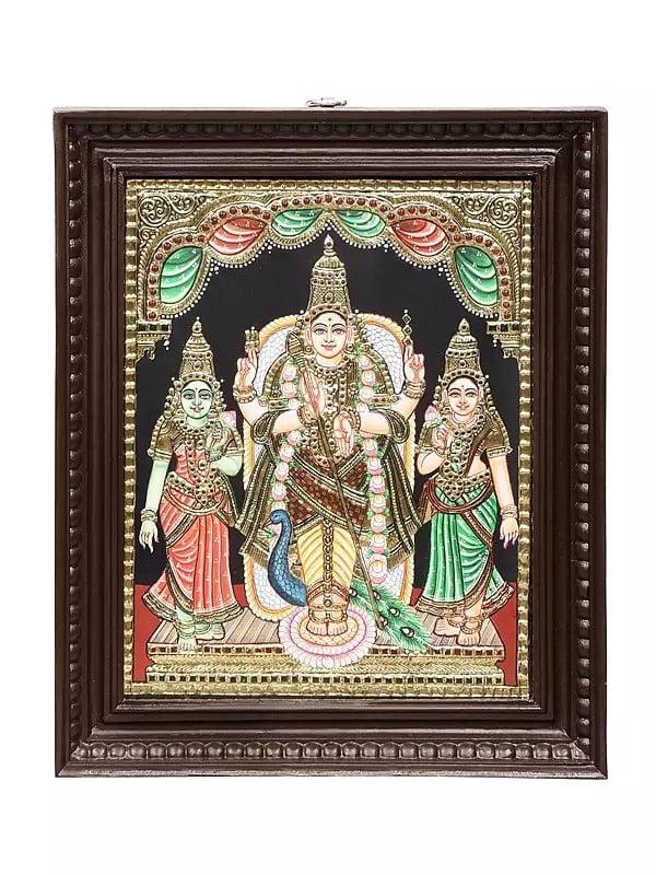 exotic india Lord Karttikeya With Devasena And Valli Tanjore Painting | Traditional Colors With 24K Gold | Teakwood Frame | Gold & Wood | Handmade 