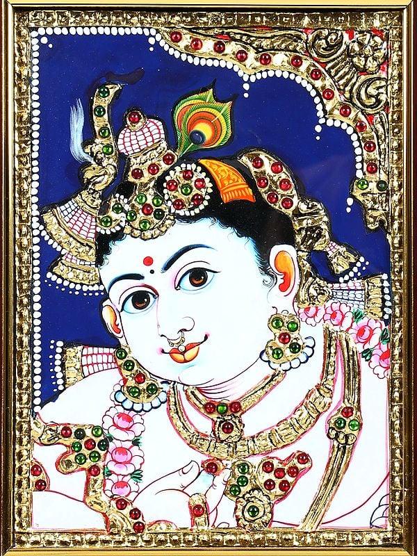 Exotic India Lord Krishna | 24 Karat Gold Work | Framed Tanjore Painting 