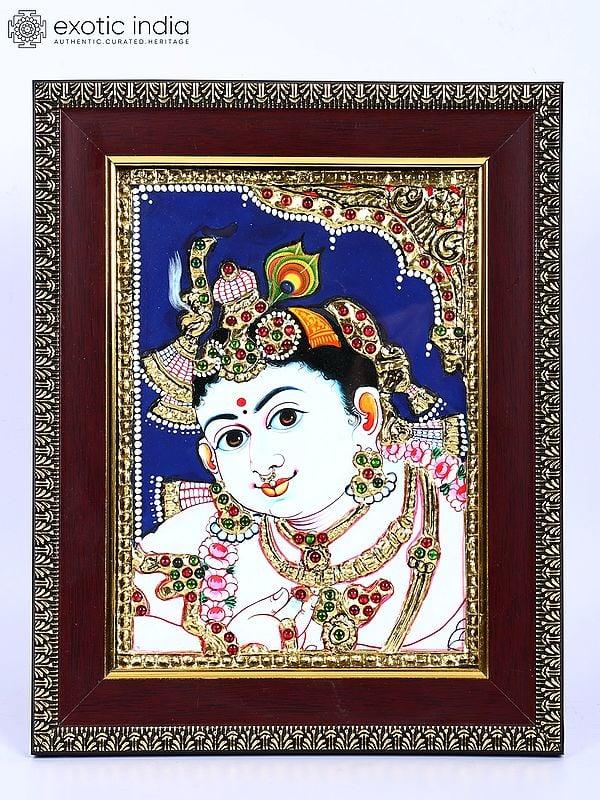 exotic india Lord Krishna | 24 Karat Gold Work | Framed Tanjore Painting 