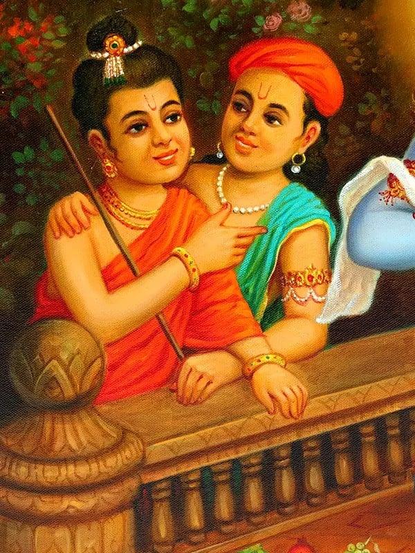 Exotic India Lord Krishna And Balarama Playing With Each Other | Unframed Oil Painting 