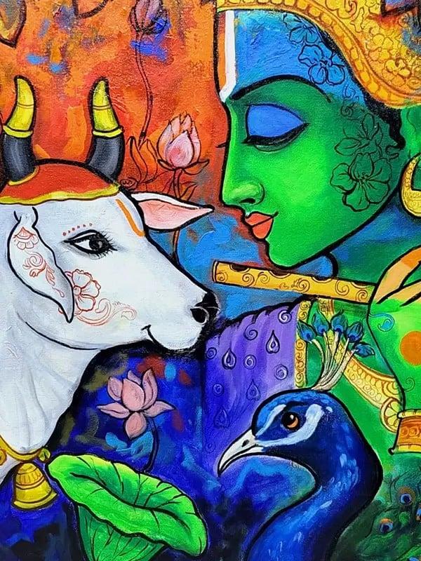 Exotic India Lord Krishna And Cow | Acrylic On Canvas | By Arjun Das 