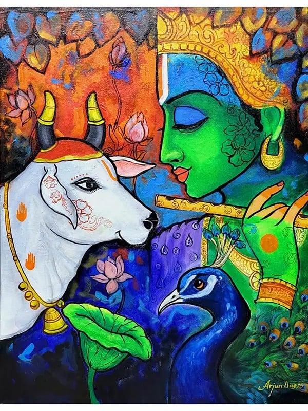 exotic india Lord Krishna And Cow | Acrylic On Canvas | By Arjun Das 