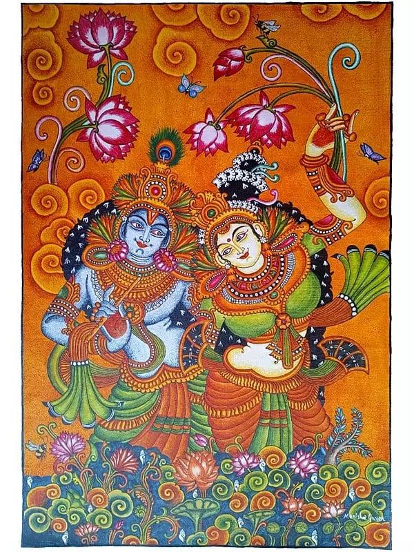 exotic india Lord Krishna And Radha | Acrylic On Canvas | Traditional Kerala Mural Art 