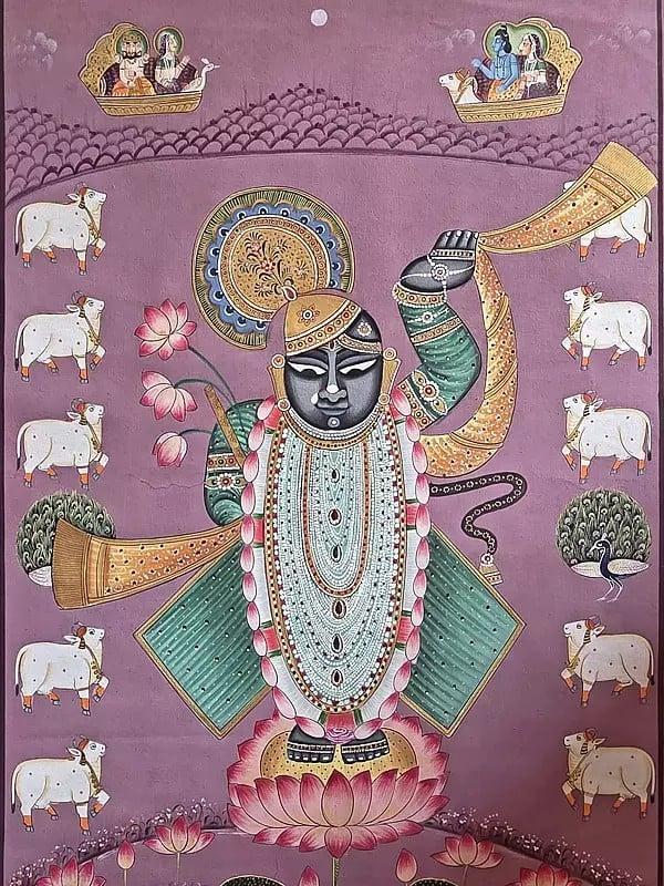 Exotic India Lord Krishna As Shrinathji | Watercolor On Cotton | Pichwai Art 