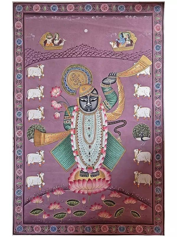 exotic india Lord Krishna As Shrinathji | Watercolor On Cotton | Pichwai Art 