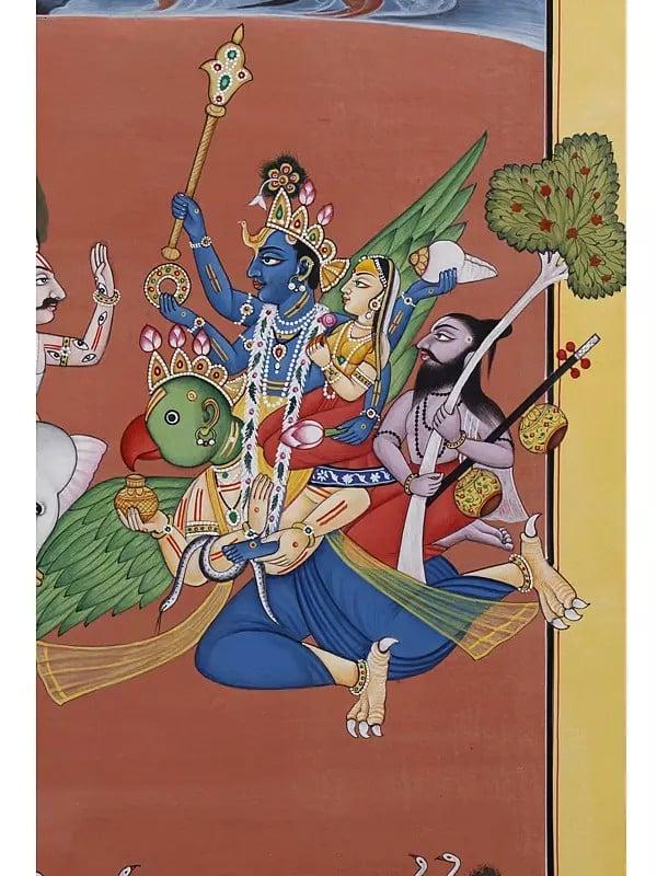 Exotic India Lord Krishna Bringing The Parijaat Tree From Indra's Heaven | Watercolor On Paper 