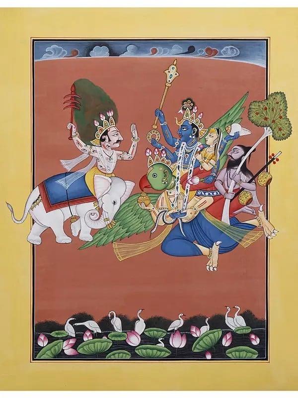 exotic india Lord Krishna Bringing The Parijaat Tree from Indra's Heaven | Watercolor on Paper 