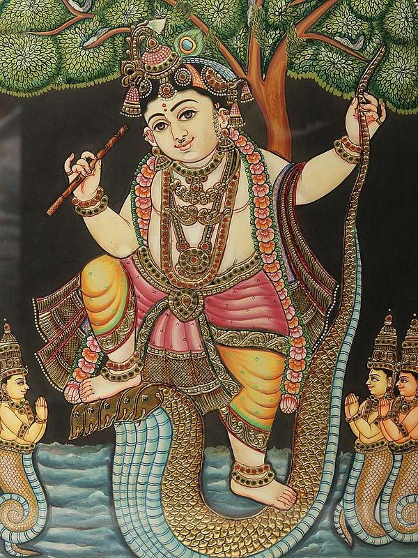 Exotic India Lord Krishna Dancing On Serpent Kaliya - Tanjore Painting With Frame | Traditional Colors With Gold Work 