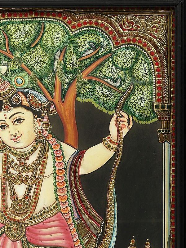 Exotic India Lord Krishna Dancing On Serpent Kaliya - Tanjore Painting With Frame | Traditional Colors With Gold Work 