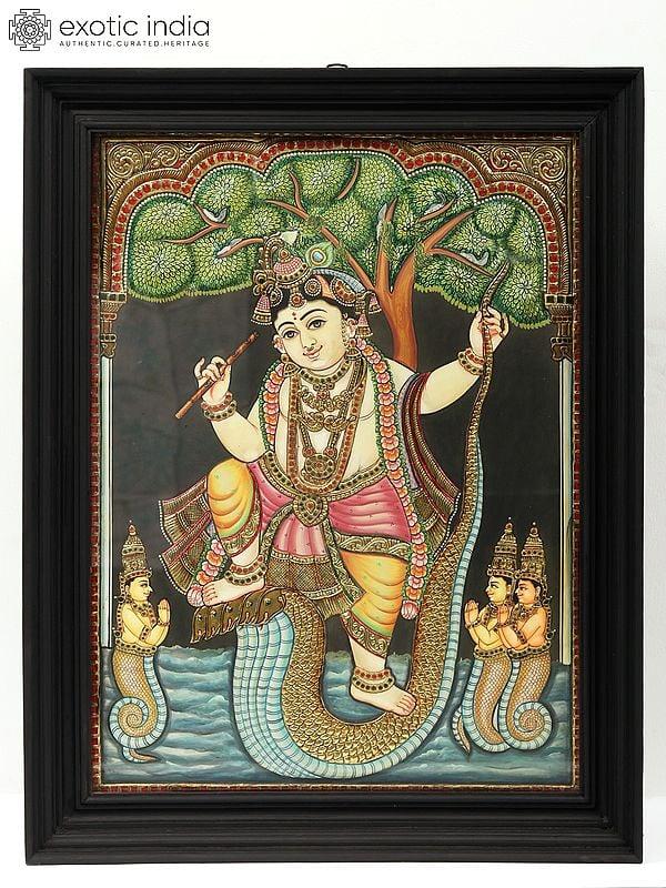 exotic india Lord Krishna Dancing on Serpent Kaliya - Tanjore Painting with Frame | Traditional Colors with Gold Work 