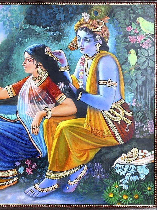 Exotic India Lord Krishna Doing Shringar Of Radharani | 24 Karat Gold Work | Framed Tanjore Painting