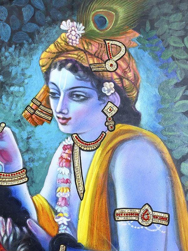 Exotic India Lord Krishna Doing Shringar Of Radharani | 24 Karat Gold Work | Framed Tanjore Painting