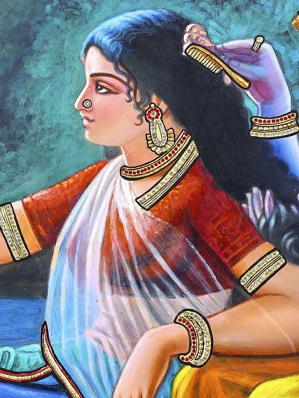Exotic India Lord Krishna Doing Shringar Of Radharani | 24 Karat Gold Work | Framed Tanjore Painting