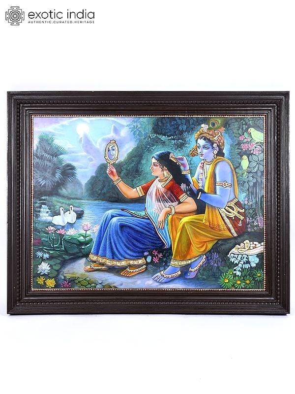 exotic india Lord Krishna Doing Shringar of Radharani | 24 Karat Gold Work | Framed Tanjore Painting