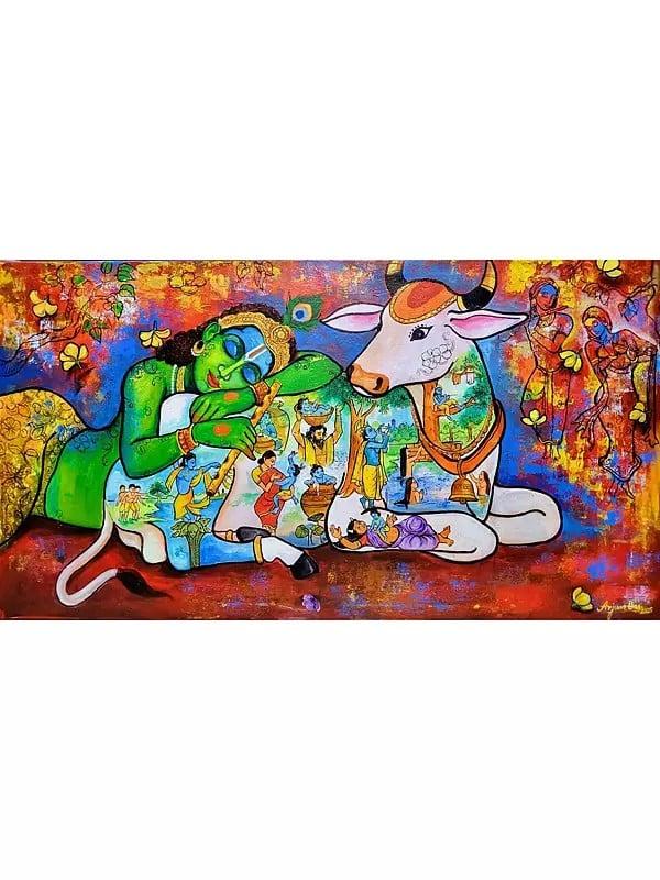 exotic india Lord Krishna Leela | Acrylic On Canvas | By Arjun Das 