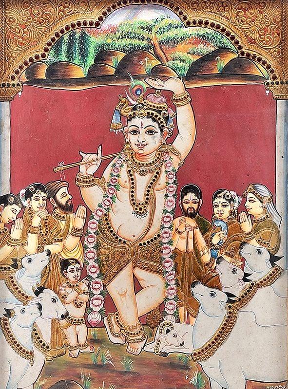 Exotic India Lord Krishna Lifts Mount Govardhan Tanjore Painting | Traditional Colors With 24K Gold | Teakwood Frame | Gold & Wood | Handmade | Made In India