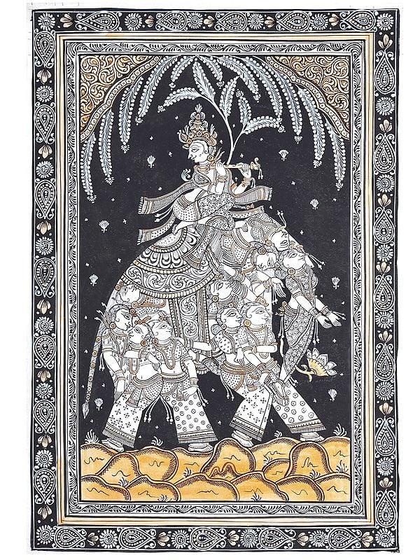 exotic india Lord Krishna on Nari Kunjar | Pattachitra Painting