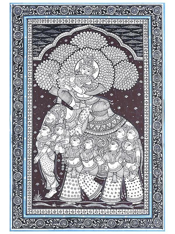 exotic india Lord Krishna on Pashu Kunjar | Pattachitra Painting