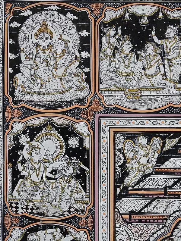 Exotic India Lord Krishna On Pashu Kunjar With Episodes Of His Life Story At Border | Pattachitra Painting 