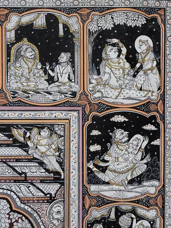 Exotic India Lord Krishna On Pashu Kunjar With Episodes Of His Life Story At Border | Pattachitra Painting 