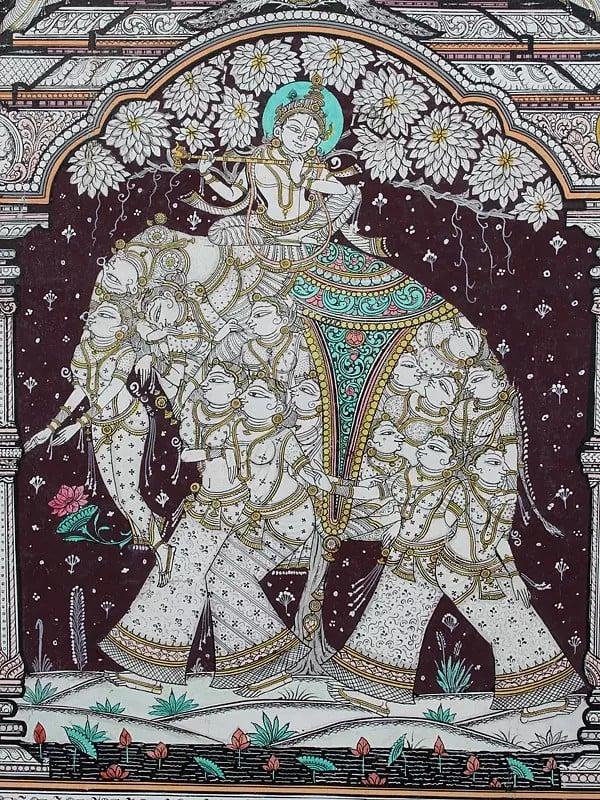 Exotic India Lord Krishna On Pashu Kunjar With Episodes Of His Life Story At Border | Pattachitra Painting 