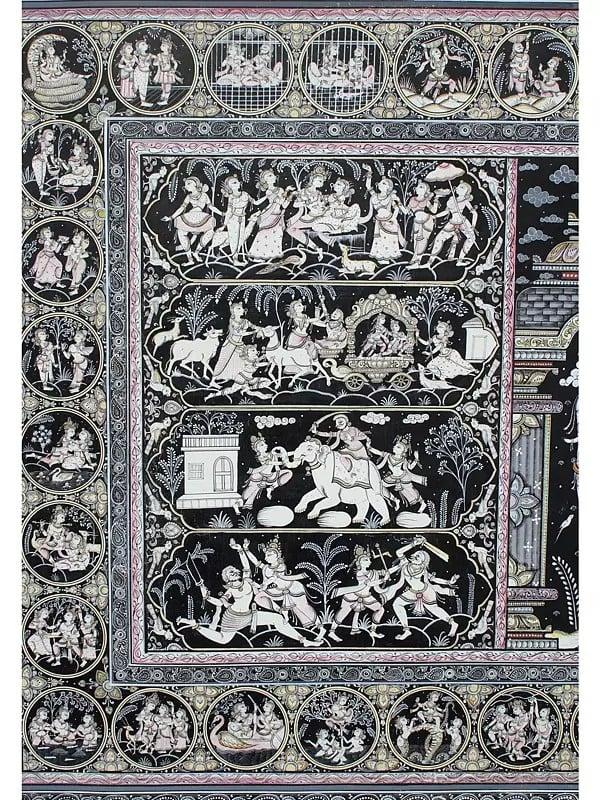 Exotic India Lord Krishna On Pashu Kunjar With His Life Story | Superfine Pattachitra Painting | Masterpiece 